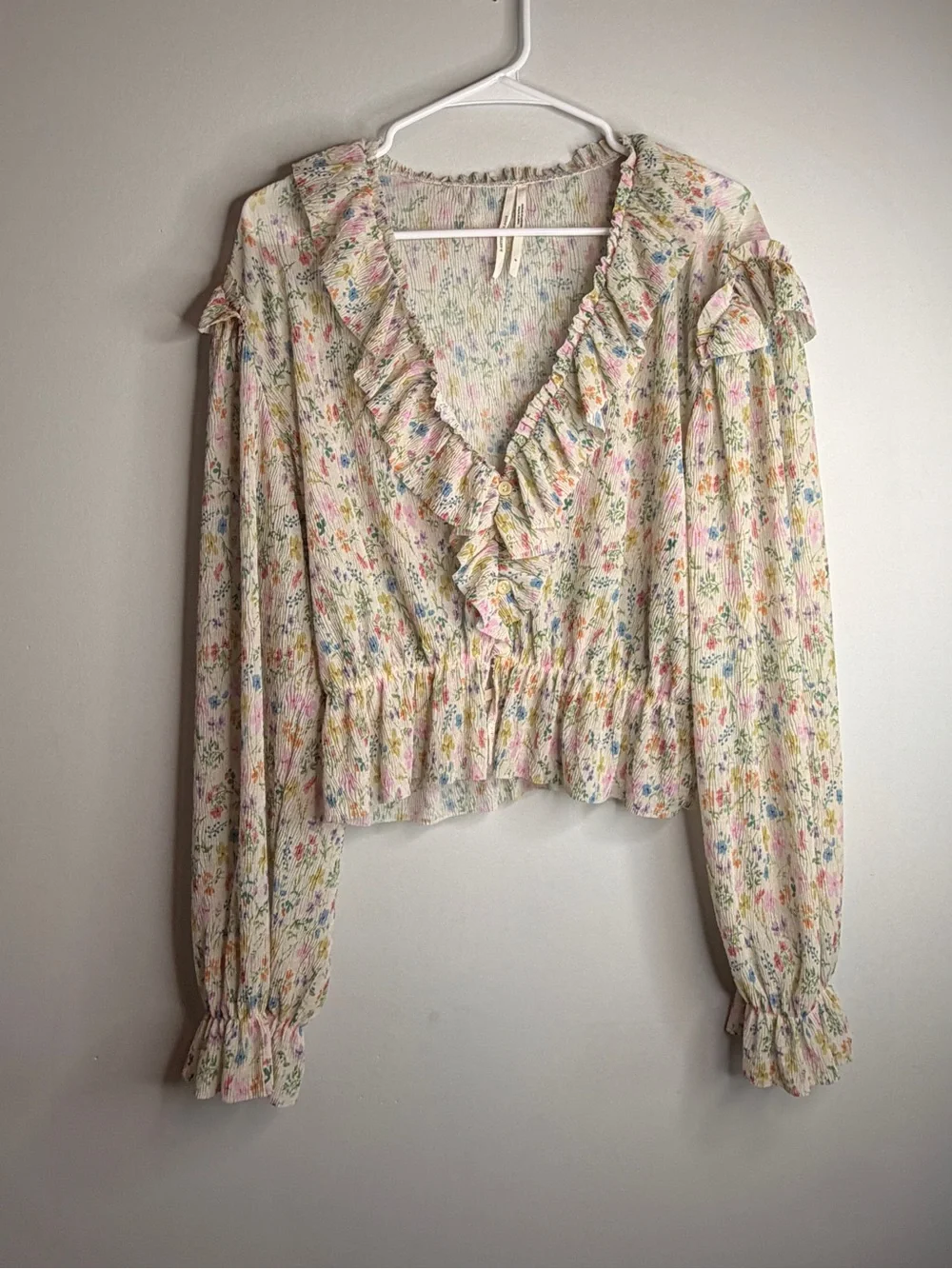 Anthropologie Cream Pastel Floral Ruffle V-Neck Blouse